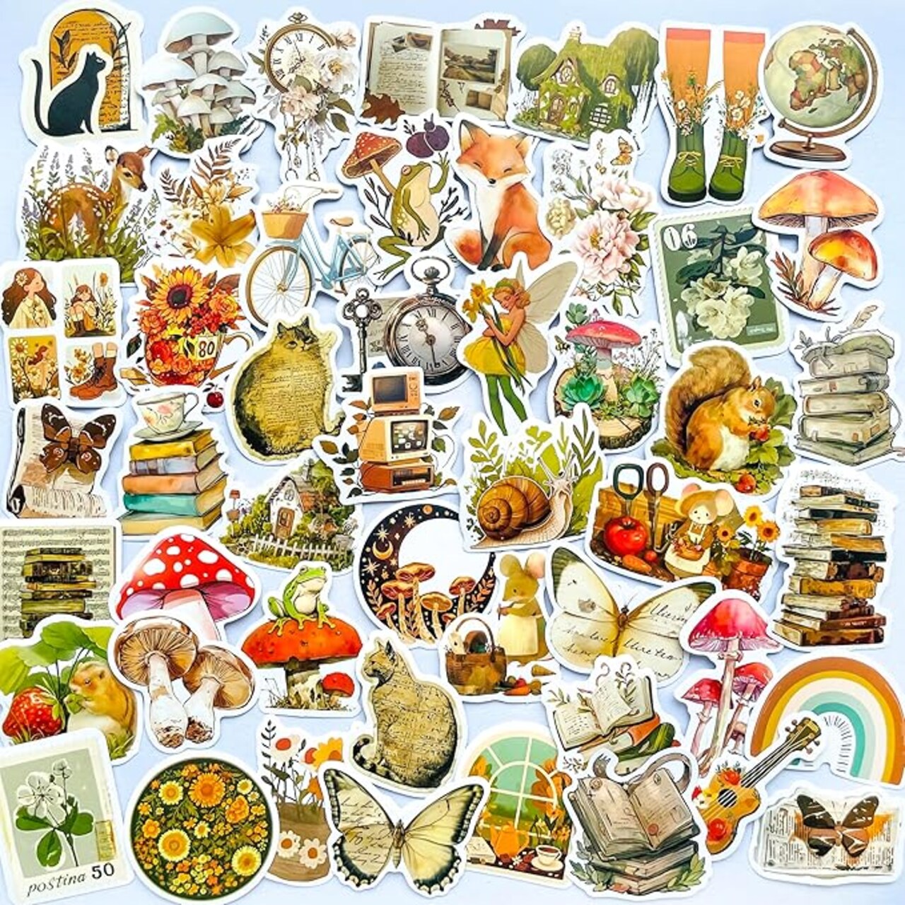 50 Pcs Vintage Cottagecore Vinyl Stickers, Waterproof Aesthetic Old Antique Nature Forest Floral Woodland Creatures & Books Decals for Scrapbook, Laptop, Water Bottle